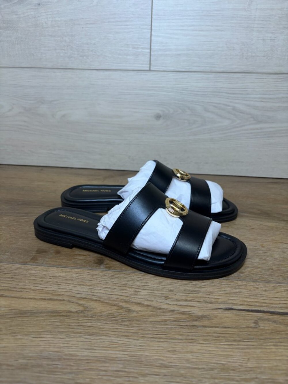 Michael Kors Light Black Leather Erin Flat Sandals with Gold MK Size 7M